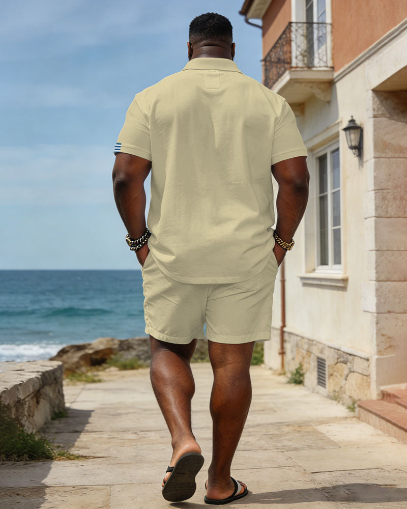 Large Size Men's Spring And Summer Leisure Vacation Light Yellow Neckline, Cuff Features Stitching Business Party Short Sleeve POLO Shirt Shorts Set