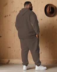 Large Size Men's Autumn And Winter Warm Cold-proof Brown "respect" Slogan Printed Hoodie Sweatpants Set