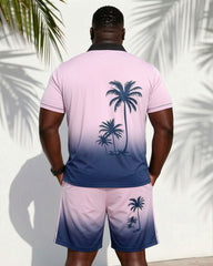 Big & Tall Men's Pink Holiday Hawaiian Coconut Tree Gradient POLO Shirt Short Sleeve Shorts Set