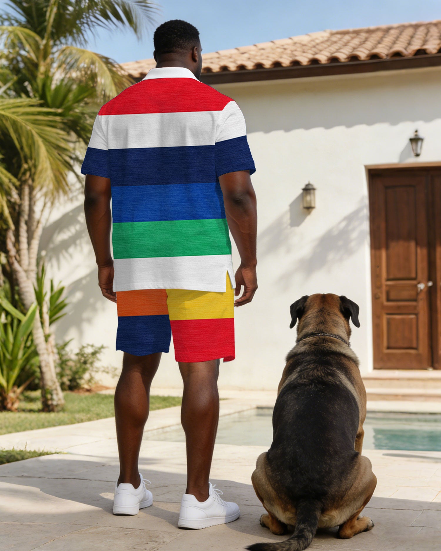 Multicolor Contrast Striped Business Casual Polo Shirt Set Large Size Men