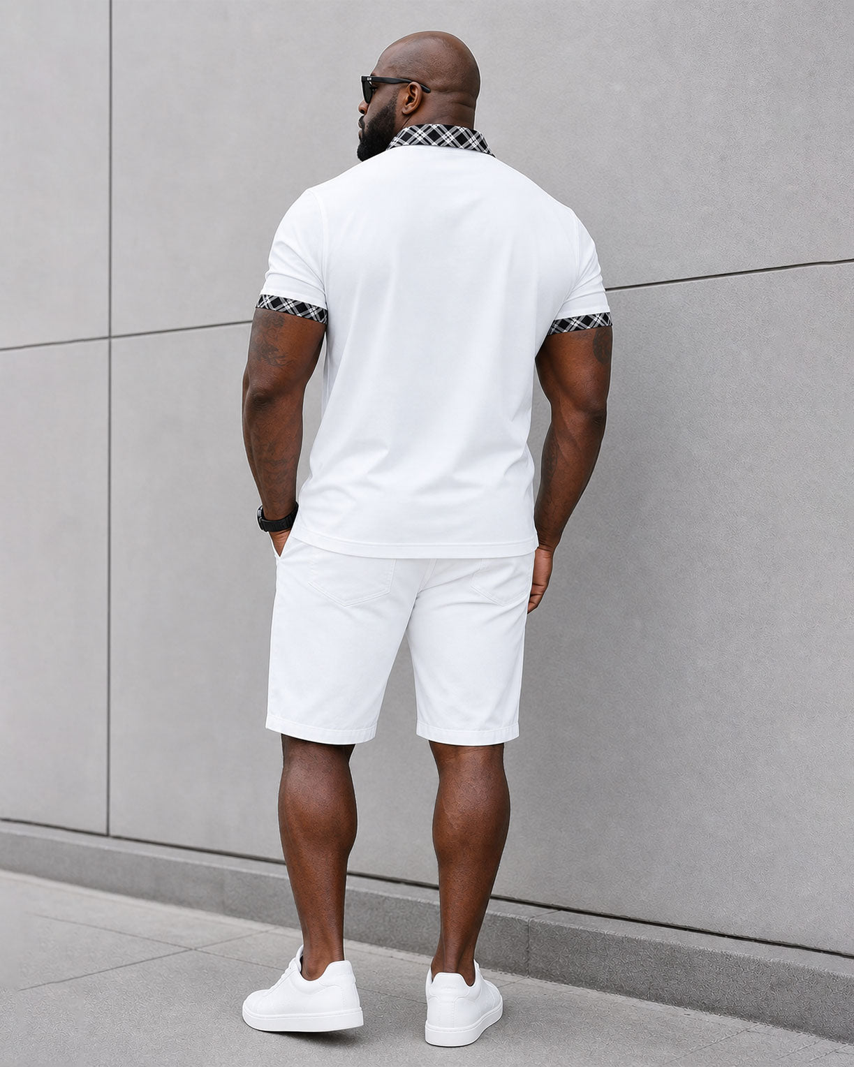 Big & Tall Men's White & Black Check Neckline Design Stitching POLO Shirt Short Sleeve Shorts Set