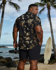 Big & Tall Men's Black And Gold Rose Pattern Short Sleeve Shirt Shorts Set