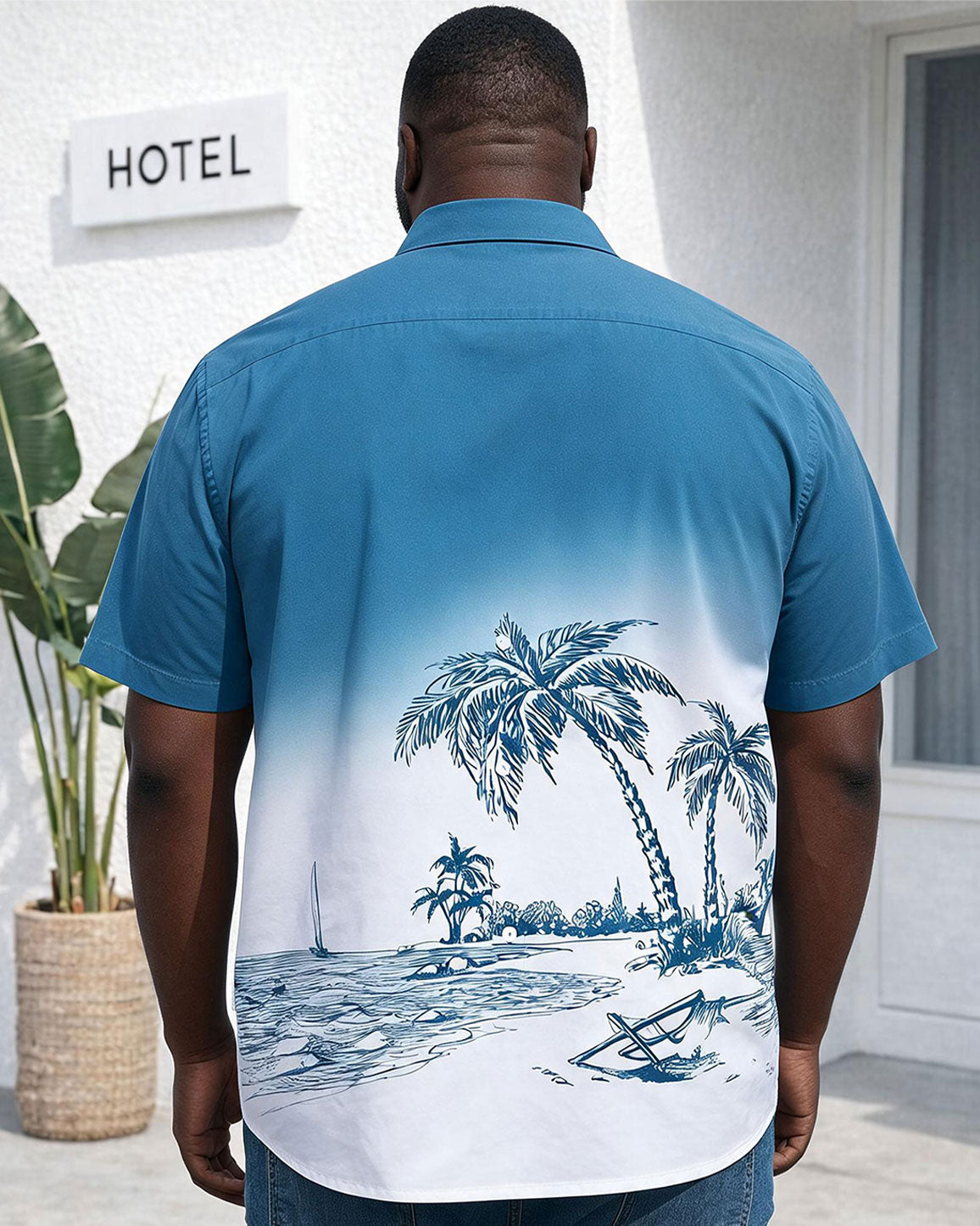Big & Tall Men’s Gradient Coconut Tree Silhouette White & Blue Printed Short-Sleeve Button-Down Shirt