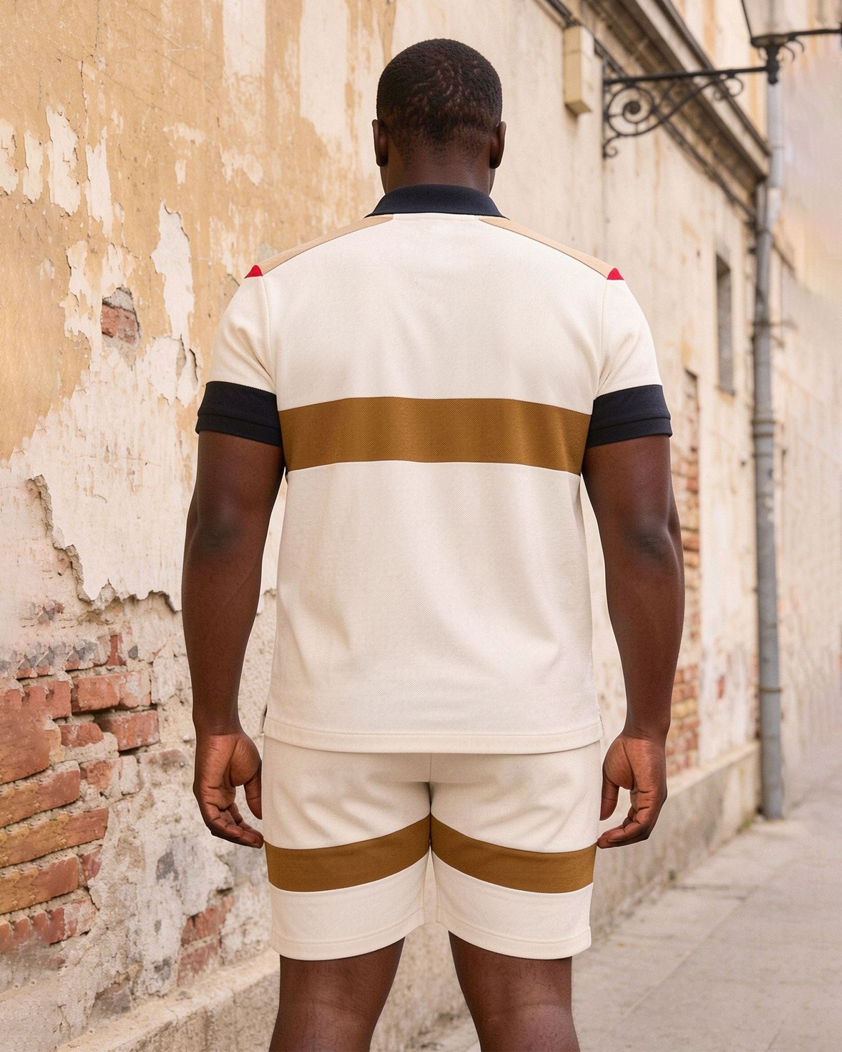Big & Tall Men's Apricot & Brown Contrast Color Chest Large Label POLO Shirt Short Sleeve Shorts Set