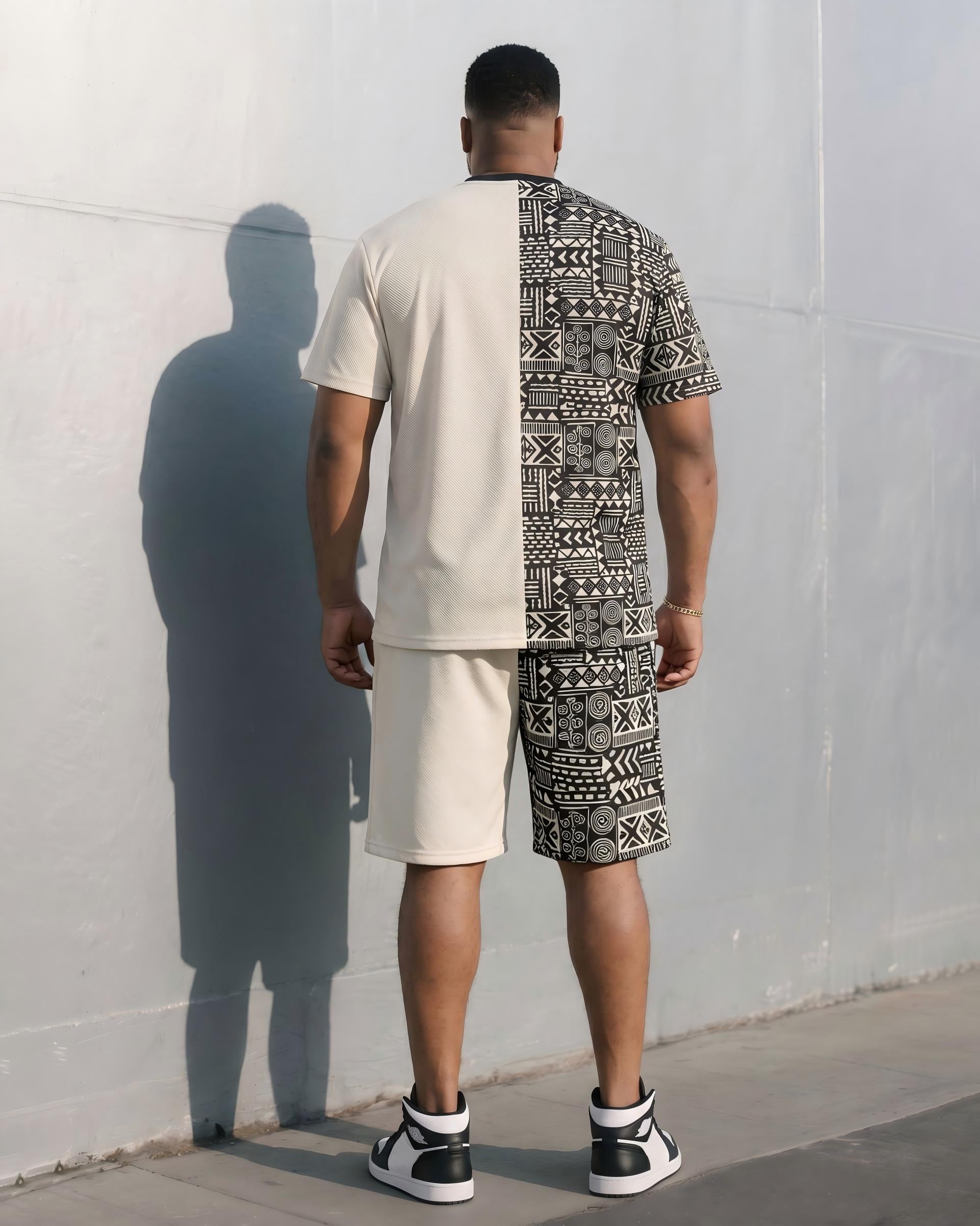 Big & Tall Men's Ethnic Pattern Stitching Chest Smiley Printed T-shirt Shorts Khaki Suit