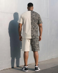 Big & Tall Men's Ethnic Pattern Stitching Chest Smiley Printed T-shirt Shorts Khaki Suit