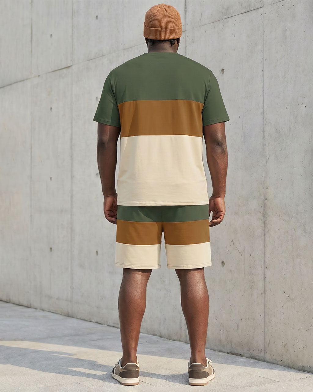Big & Tall Men's Green & Khaki & Apricot Large Color Block Stitching Chest Printed Short Sleeve T-Shirt Shorts Set