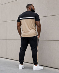 Big & Tall Men's Simple Casual Stitching Contrast Color Design Chest Handwritten Slogan Short Sleeve T-shirt Sports Pants Set