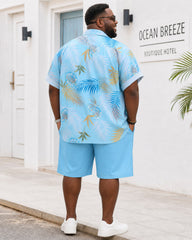 Big & Tall Men's Hawaii Holiday Leisure Travel Blue Plant Printed Full Short Sleeve Button Shirt Shorts Set