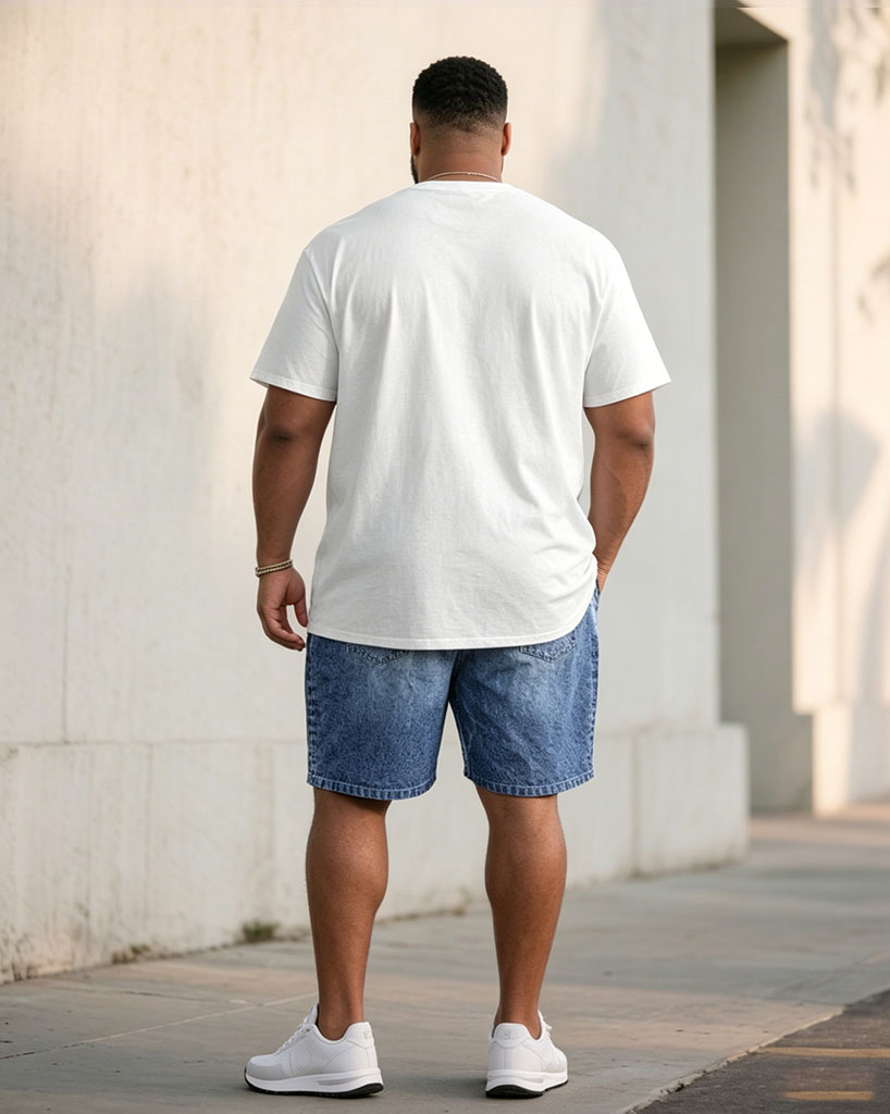 Big & Tall Men' Imitation Denim Wash Printed Stitching Short Sleeve T-shirt Shorts Set