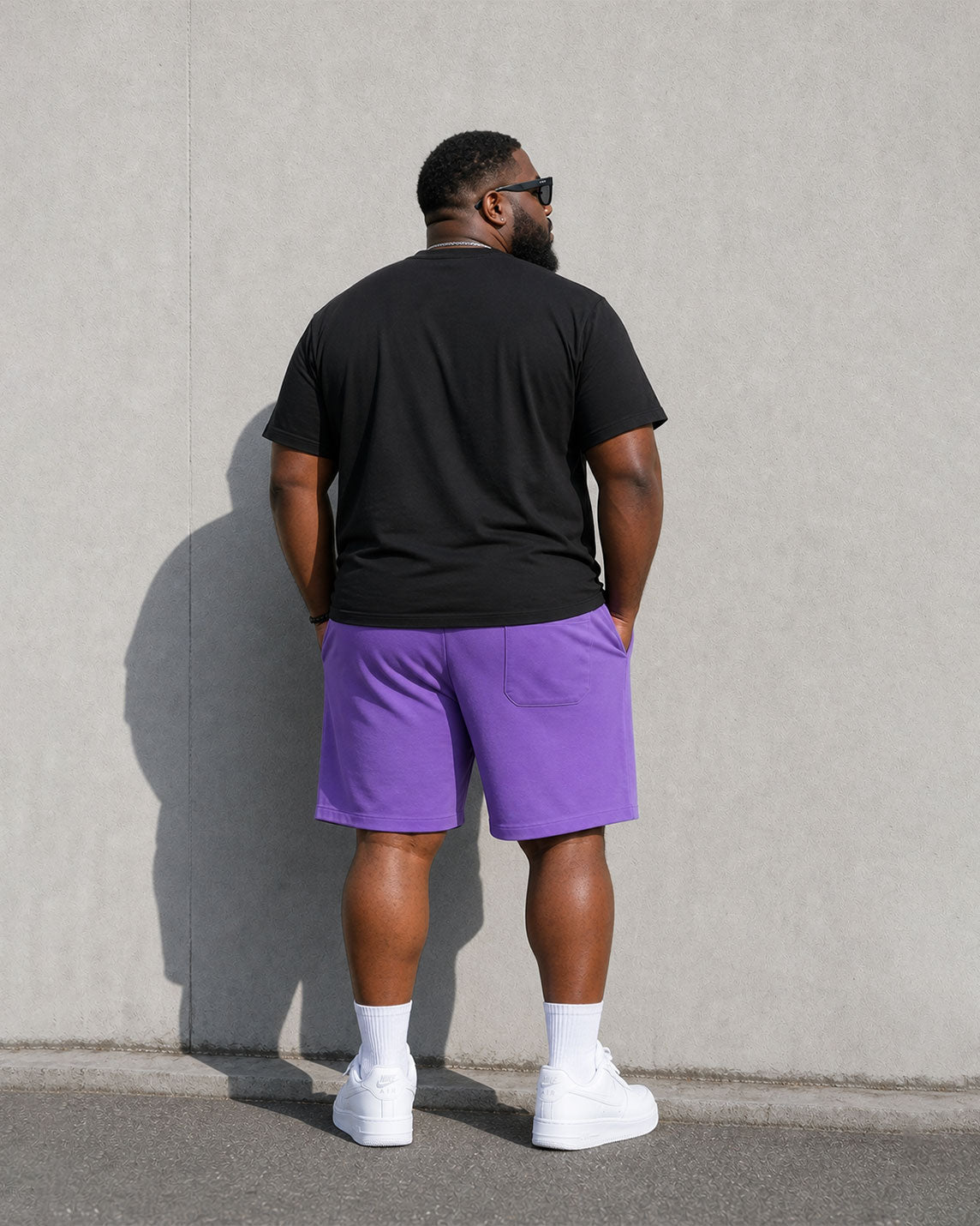 Big & Tall Men's Black & Purple Simple Letter Slogan Chest Printed Short-sleeved T-shirt Shorts Set