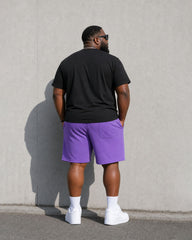 Big & Tall Men's Black & Purple Simple Letter Slogan Chest Printed Short-sleeved T-shirt Shorts Set