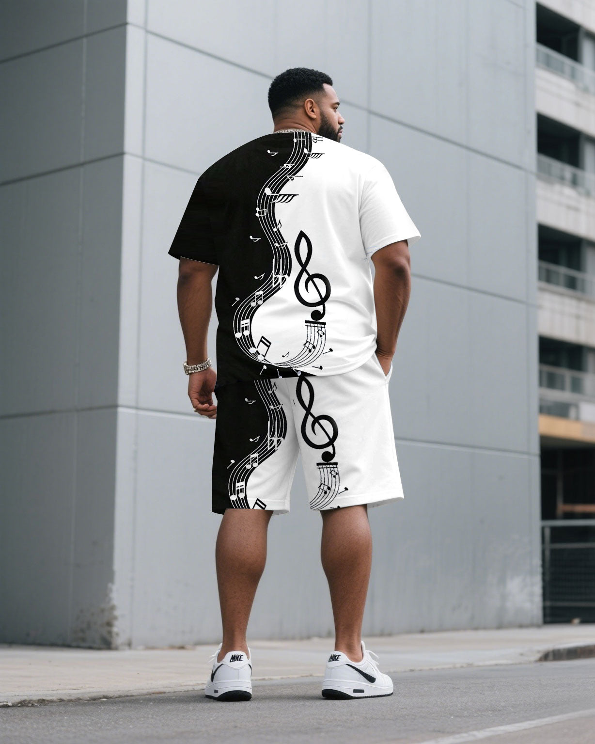 Big & Tall Men's Black & White Contrast Color Music Pattern Printed Round Neck Short Sleeve T-Shirt Shorts Set