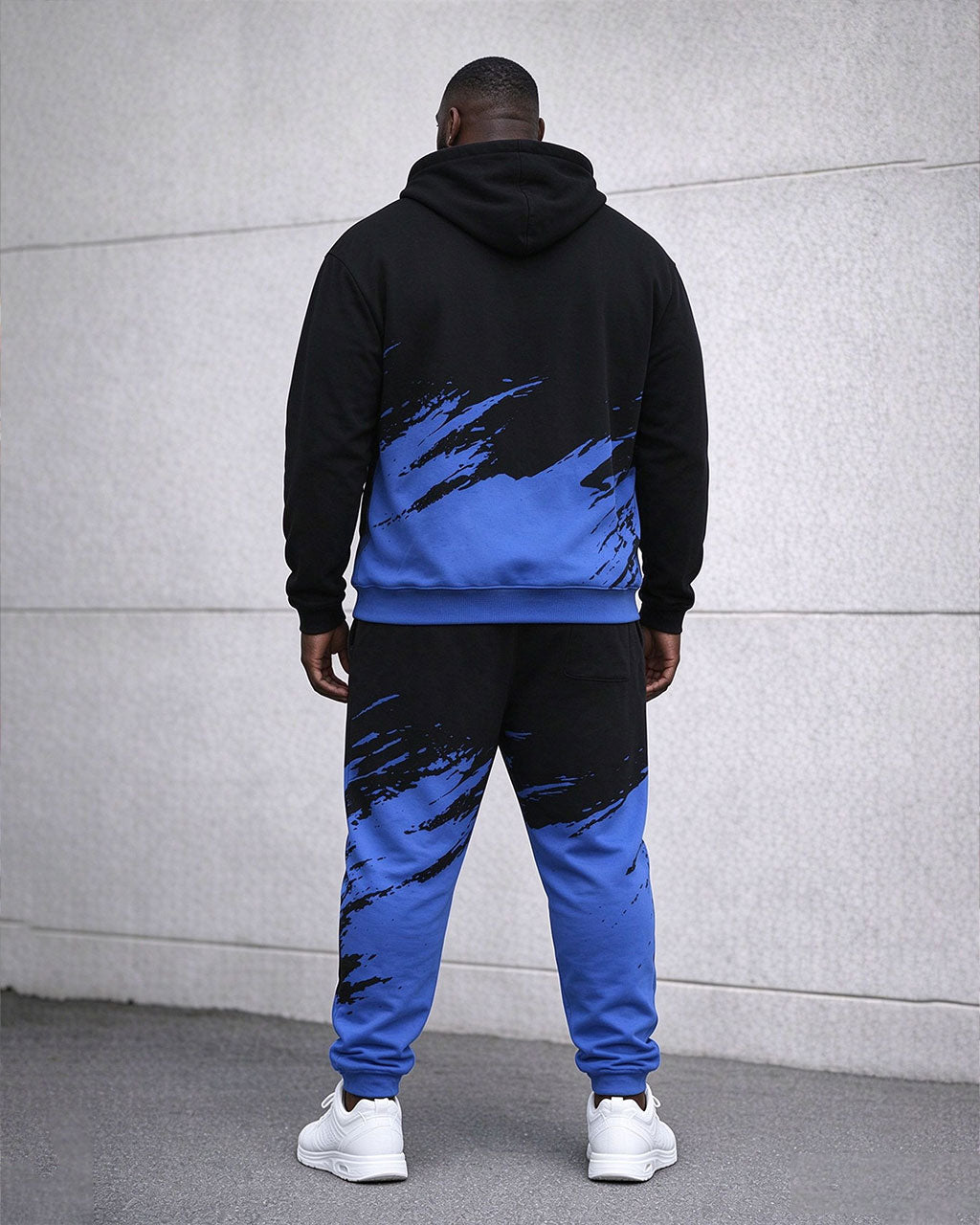 Men's Plus Size Winter Warm Black & Blue Splash Ink Design Printed Hoodie Sweatpants Set