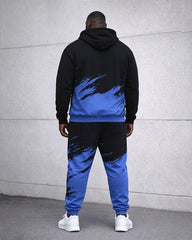 Men's Plus Size Winter Warm Black & Blue Splash Ink Design Printed Hoodie Sweatpants Set