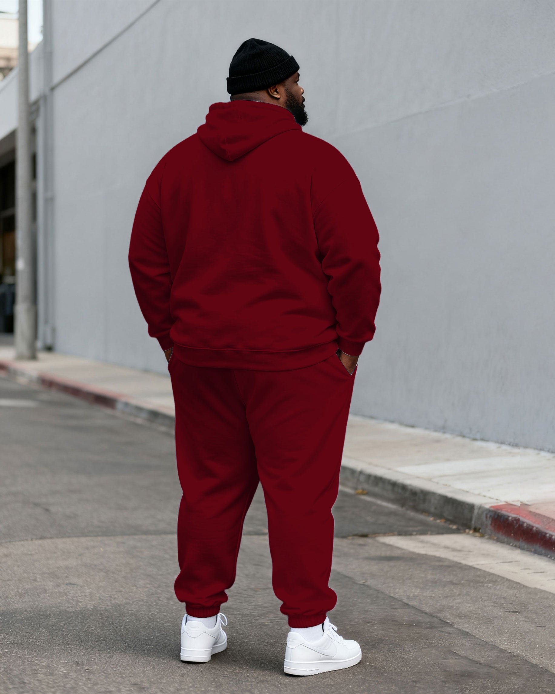Large Size Men's Autumn And Winter Warm Cold-proof Dark Red & White Contrast Color Small Label Printed Kangaroo Large Pocket Hoodie Sweatpants Set
