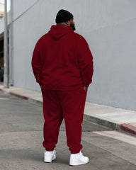 Large Size Men's Autumn And Winter Warm Cold-proof Dark Red & White Contrast Color Small Label Printed Kangaroo Large Pocket Hoodie Sweatpants Set