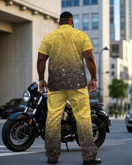 Big Men's Gold & Black Cotton Blend Sequin Christmas Short Sleeve Shirt Trouser Set
