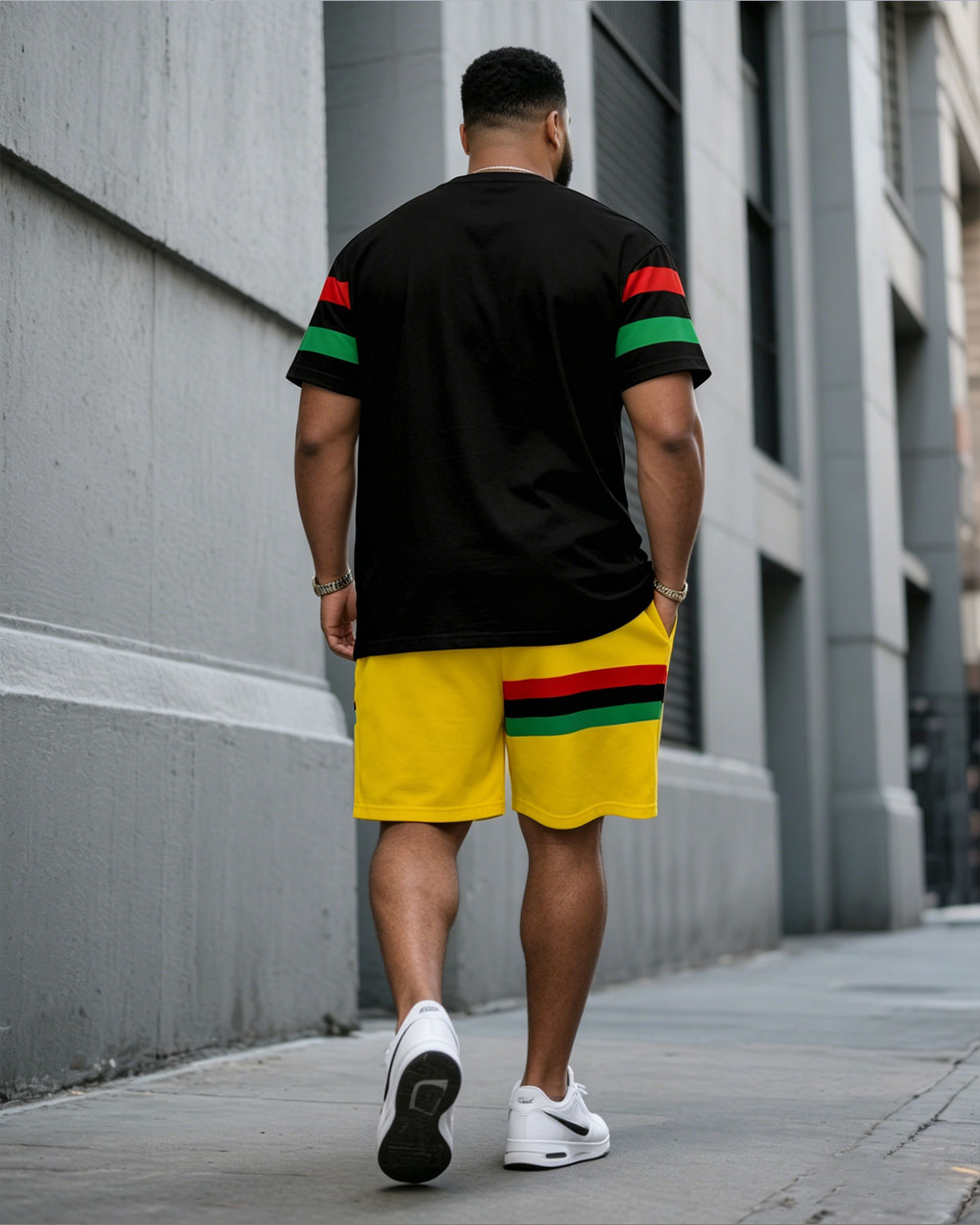 Big & Tall Men' Contrast Coarse Stripes Commemorate Ancestor Freedom/Equality June Day Short Sleeve T-Shirt Shorts Set