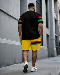 Big & Tall Men' Contrast Coarse Stripes Commemorate Ancestor Freedom/Equality June Day Short Sleeve T-Shirt Shorts Set
