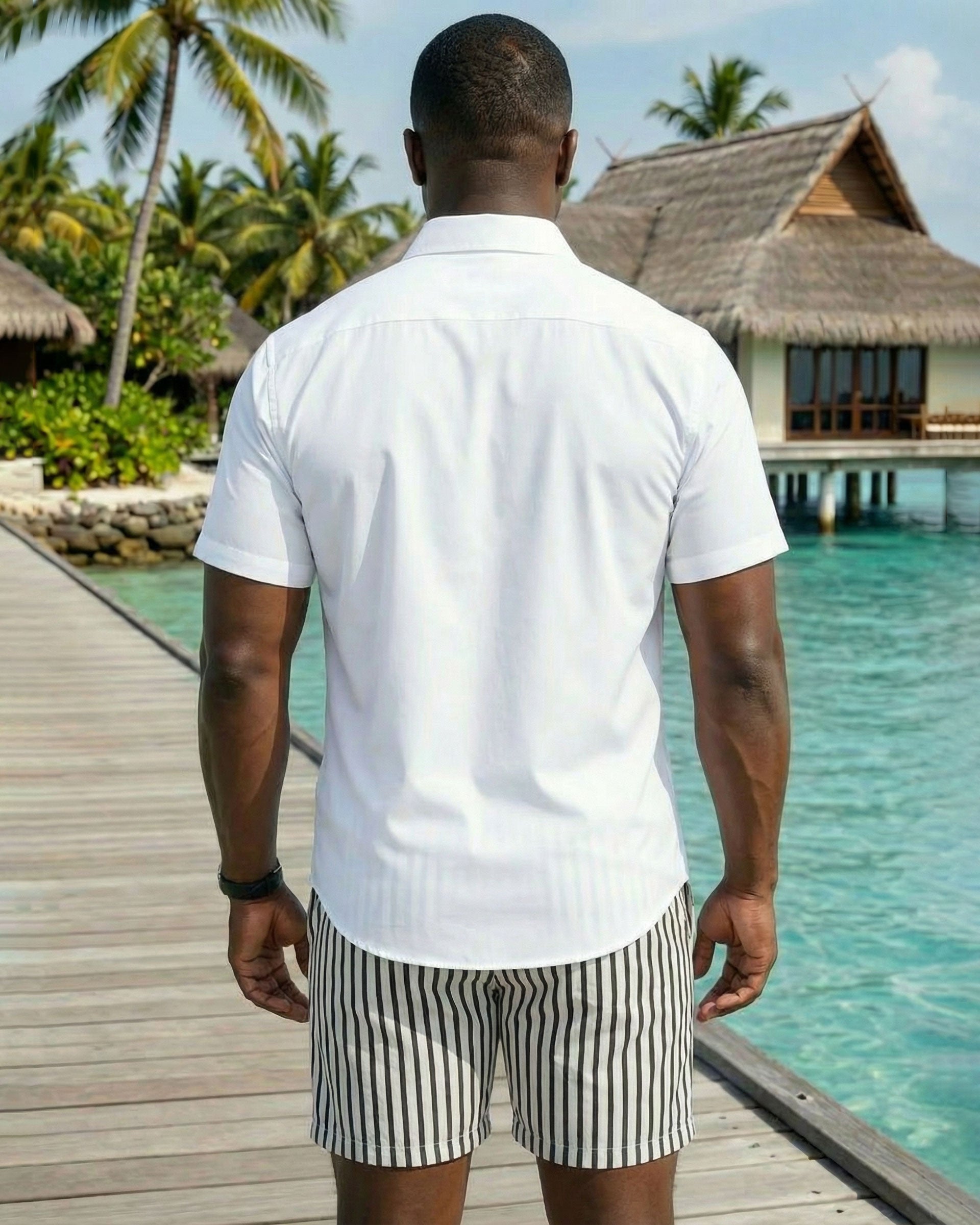 Big & Tall Men's White Pony Icon & Stripe With Button White Shirt Shorts Set