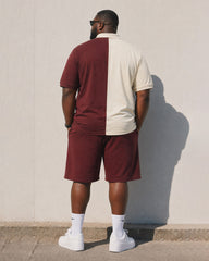 Big & Tall Men’s Red & Khaki Contrasting Color Simple Chest-Printed Polo Shirt And Short-Sleeve Shorts Set