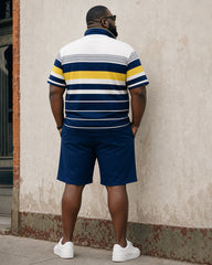 Big & Tall Men's Daily Travel Wear Striped Contrast POLO Shirt Short Sleeve Shorts Suit