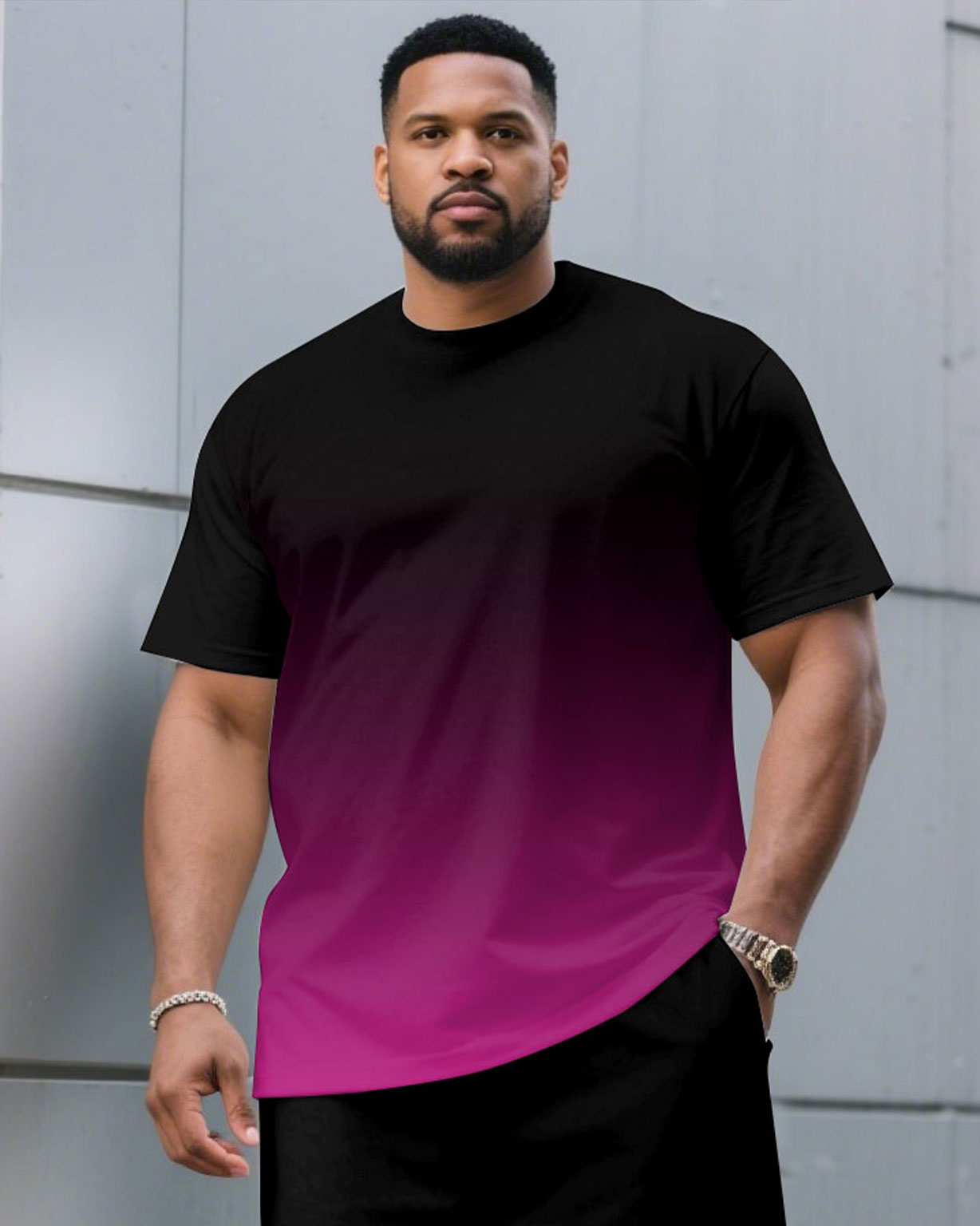 Men's Plus Size Casual Black & Red Chest Gradient Fashion Round Neck Short Sleeve T-Shirt and Shorts Suit