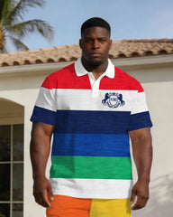 Multicolor Contrast Striped Business Casual Polo Shirt Set Large Size Men