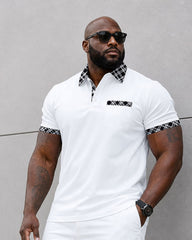 Big & Tall Men's White & Black Check Neckline Design Stitching POLO Shirt Short Sleeve Shorts Set