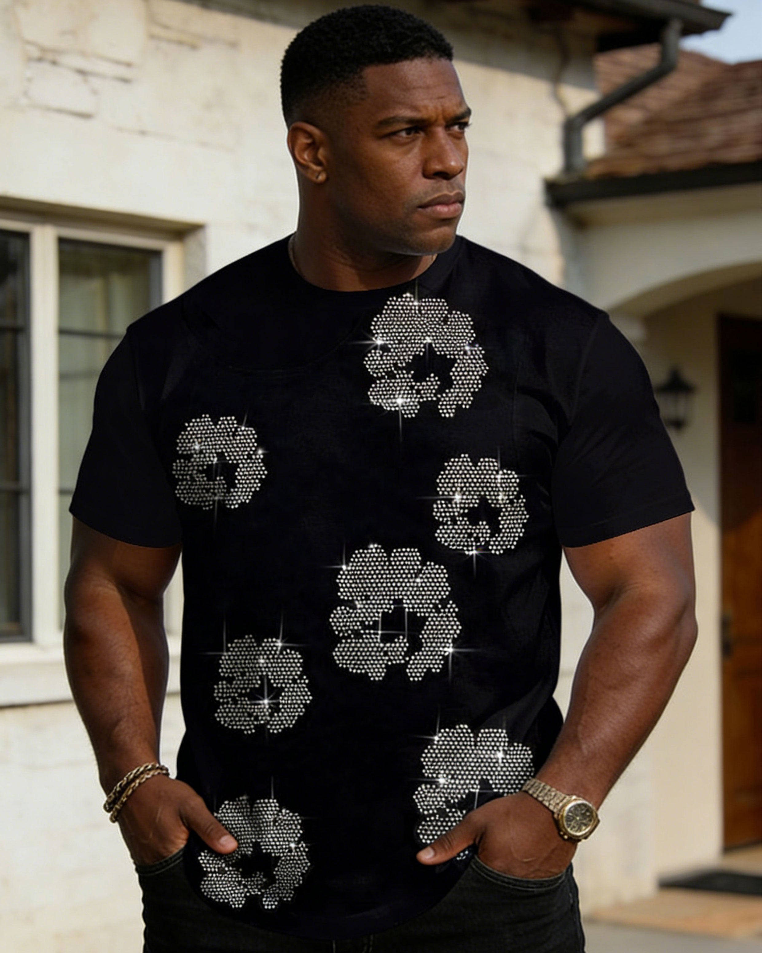 Men's Large Size Spring And Summer Casual Loose Comfortable Soft Black Front Rhinestone Short Sleeve T-Shirt
