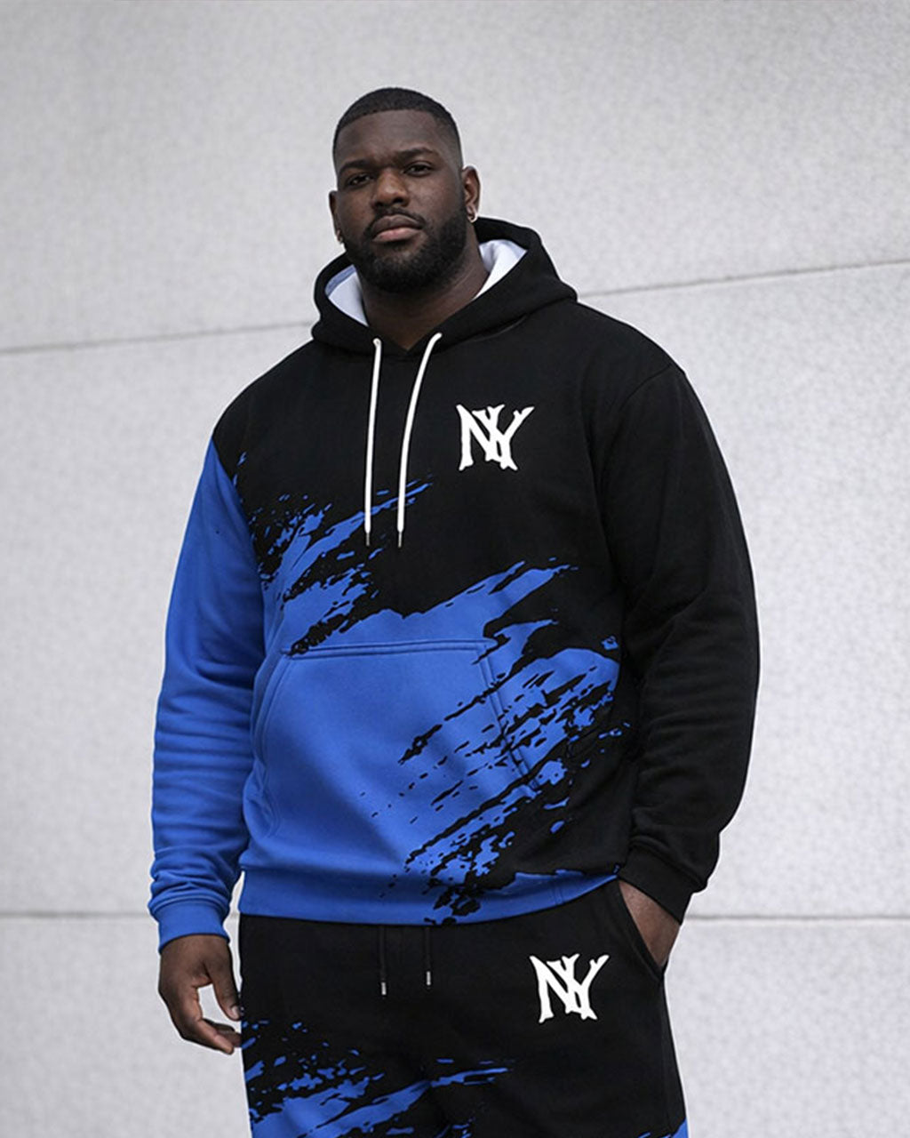 Men's Plus Size Winter Warm Black & Blue Splash Ink Design Printed Hoodie Sweatpants Set