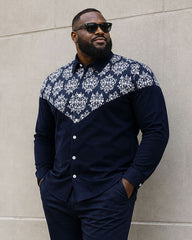 Big & Tall Men's Vintage Pattern Stitching Long Sleeve Shirt Trousers Suit