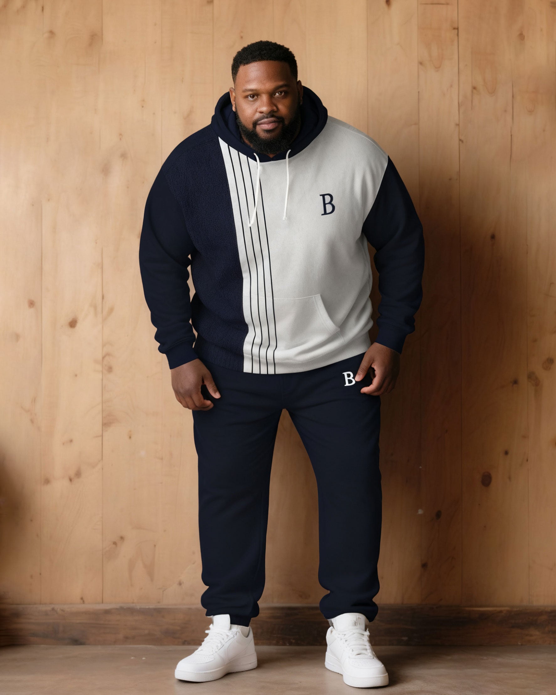 Large Size Men's Autumn And Winter Warm Cold-proof Dark Blue & White Color-block Sleeves Chest Small Label Printed Hoodie Sweatpants Set