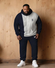 Large Size Men's Autumn And Winter Warm Cold-proof Dark Blue & White Color-block Sleeves Chest Small Label Printed Hoodie Sweatpants Set