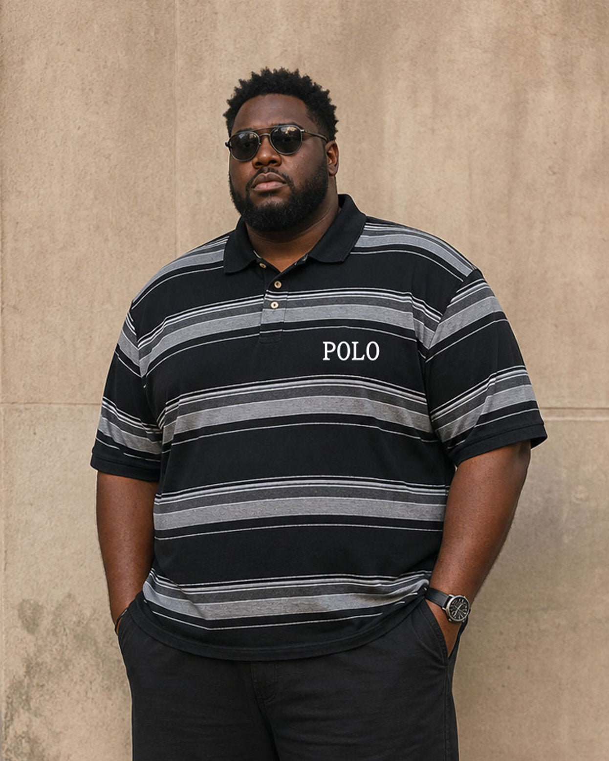 Big & Tall Men's Classic Black Striped Cloth Casual Business Hawaii Vacation POLO Shirt Short Sleeve Shorts Set