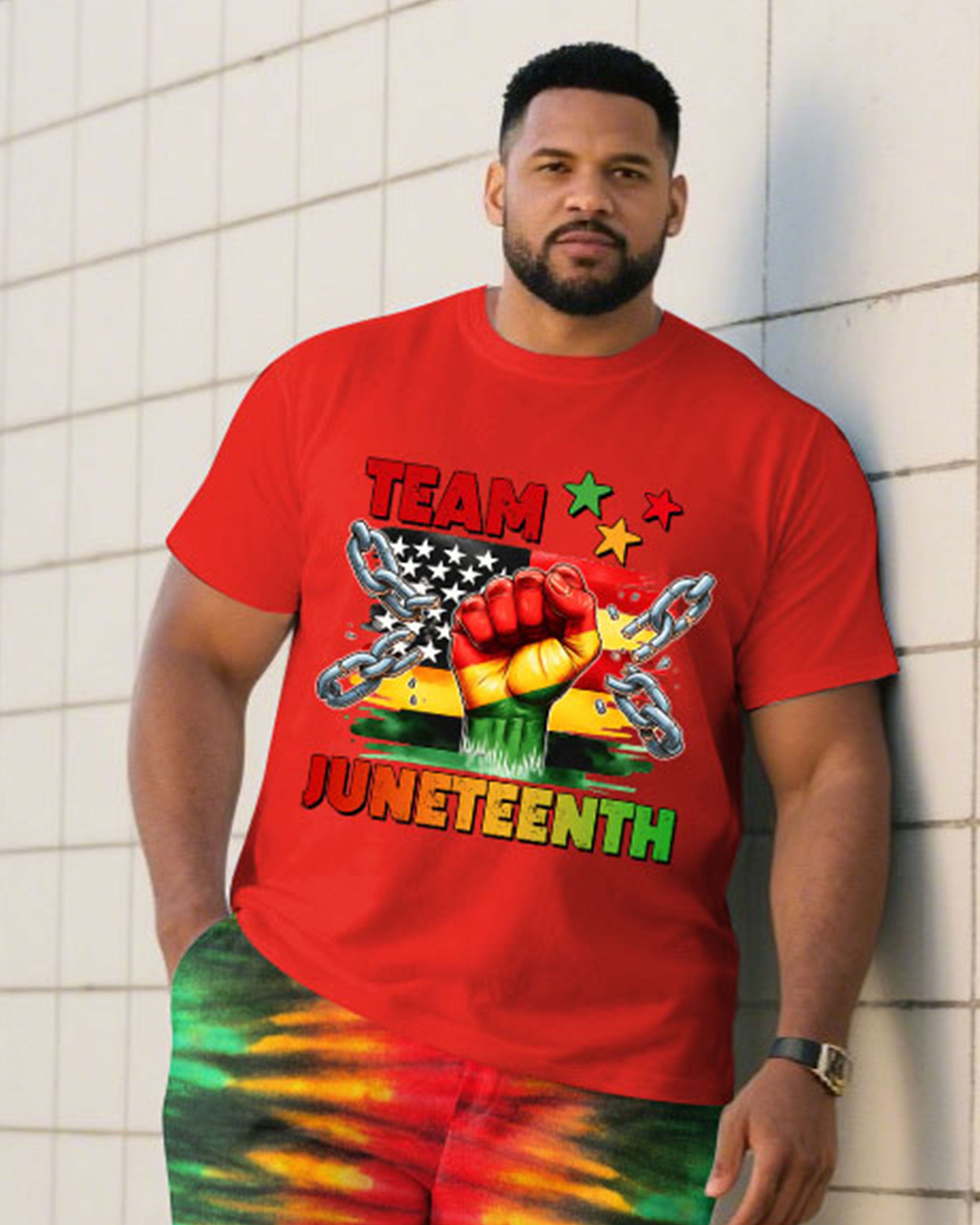 Big & Tall Men’s Juneteenth Ancestral Tribute Celebration Respect/Freedom Short-Sleeve T-Shirt And Shorts Set