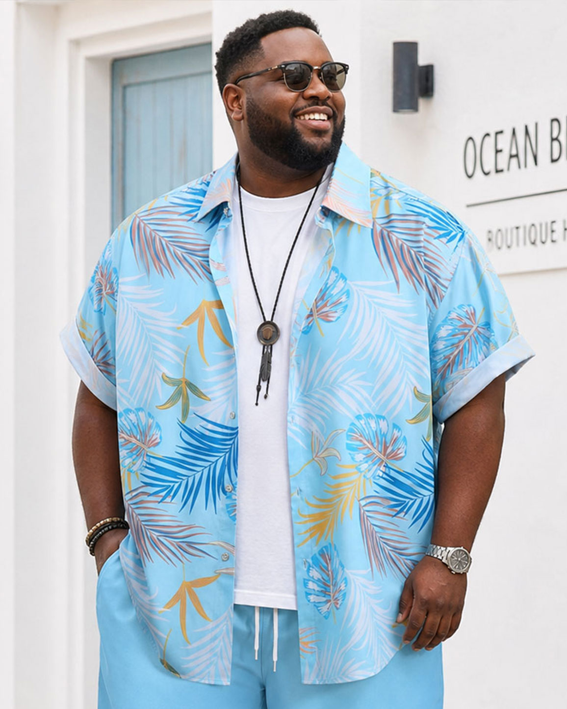 Big & Tall Men's Hawaii Holiday Leisure Travel Blue Plant Printed Full Short Sleeve Button Shirt Shorts Set