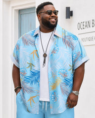 Big & Tall Men's Hawaii Holiday Leisure Travel Blue Plant Printed Full Short Sleeve Button Shirt Shorts Set