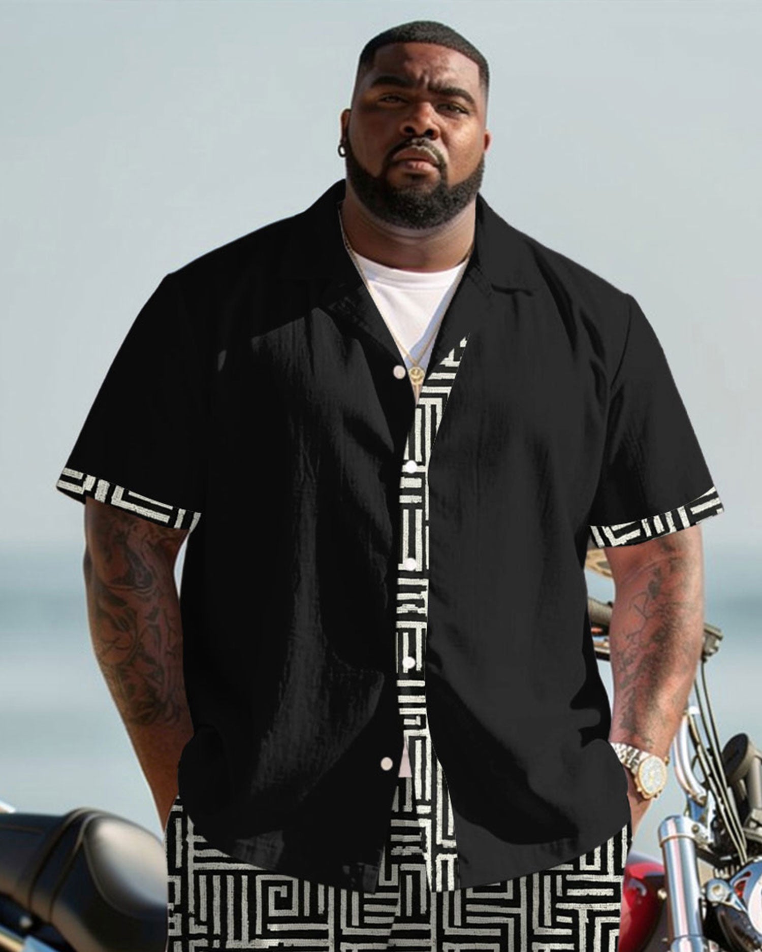 Big & Tall Men's Retro Geometric Patchwork Printed Cardigan Short Sleeve Shirt Shorts Set