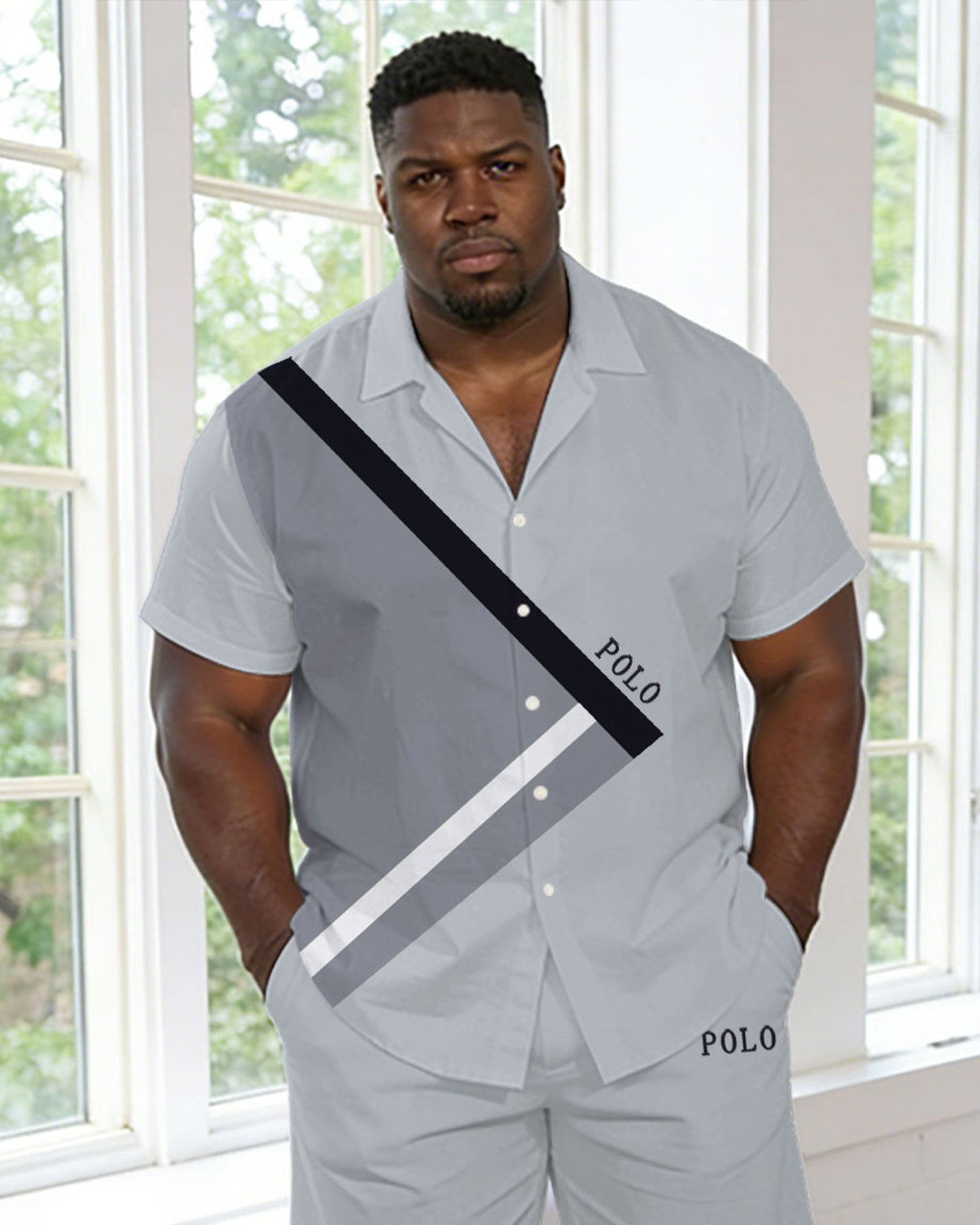 Men's Plus Size Gray Contrast Short Sleeve Shirt Pants Set