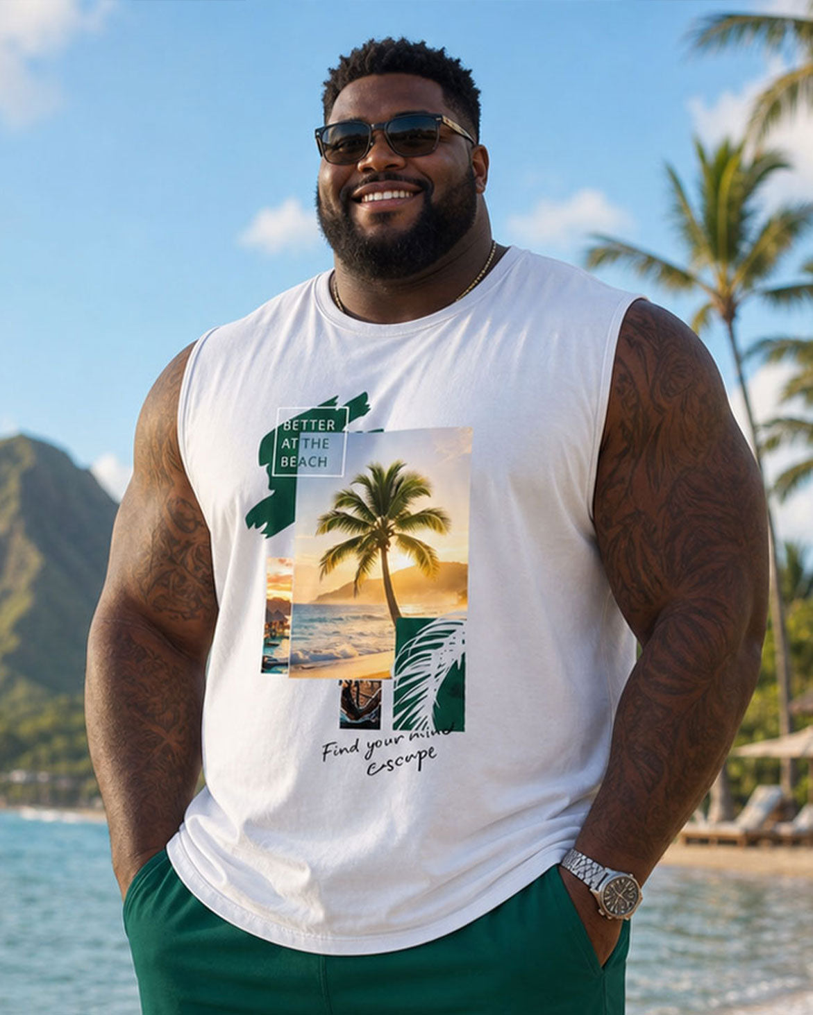 Big & Tall Men's Hawaiian Vacation Chest Large Printed Pattern Vest Shorts Set