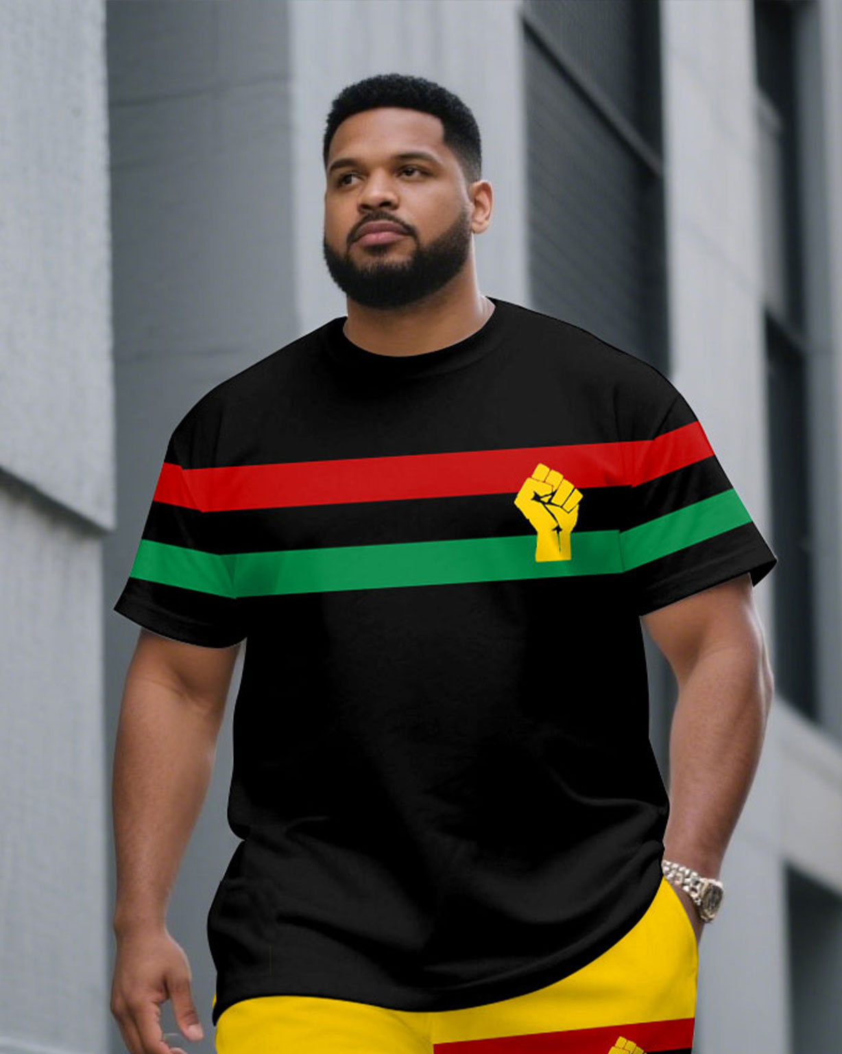 Big & Tall Men' Contrast Coarse Stripes Commemorate Ancestor Freedom/Equality June Day Short Sleeve T-Shirt Shorts Set
