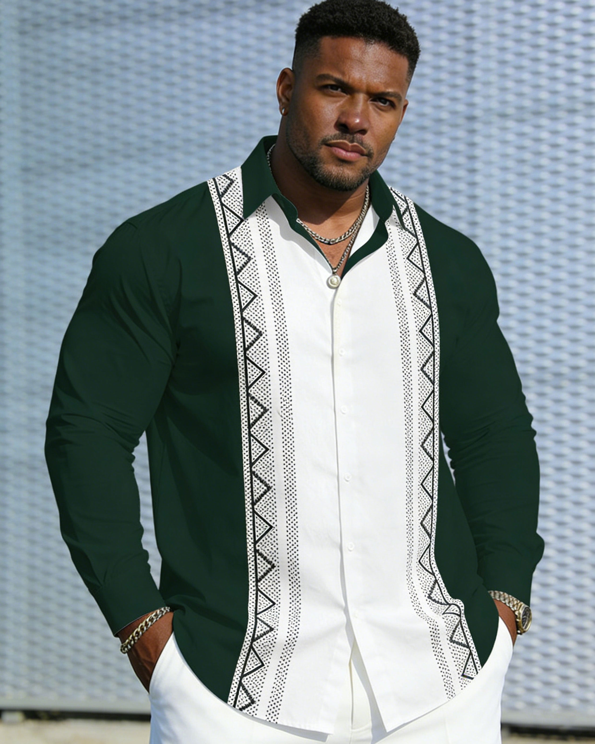 Men's Plus Size Casual Holiday White & Green Geometric Gentleman Wrinkle-Reproof New Lapel Long Sleeve Shirt