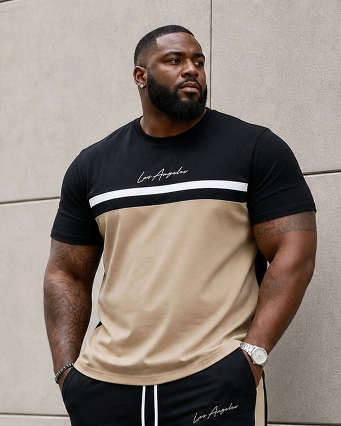 Big & Tall Men's Simple Casual Stitching Contrast Color Design Chest Handwritten Slogan Short Sleeve T-shirt Sports Pants Set