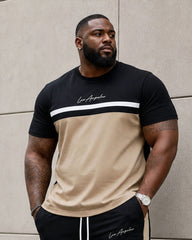 Big & Tall Men's Simple Casual Stitching Contrast Color Design Chest Handwritten Slogan Short Sleeve T-shirt Sports Pants Set
