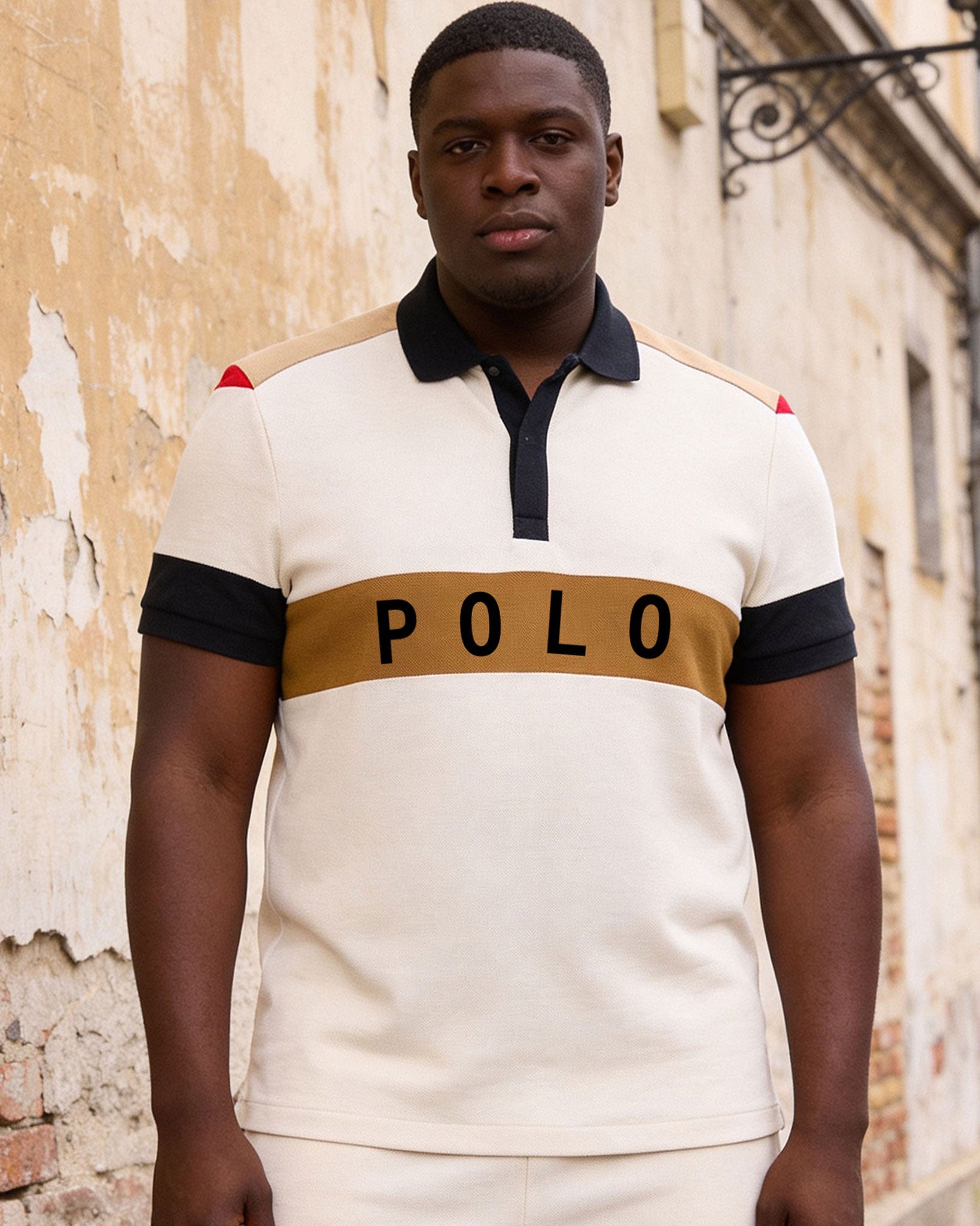 Big & Tall Men's Apricot & Brown Contrast Color Chest Large Label POLO Shirt Short Sleeve Shorts Set