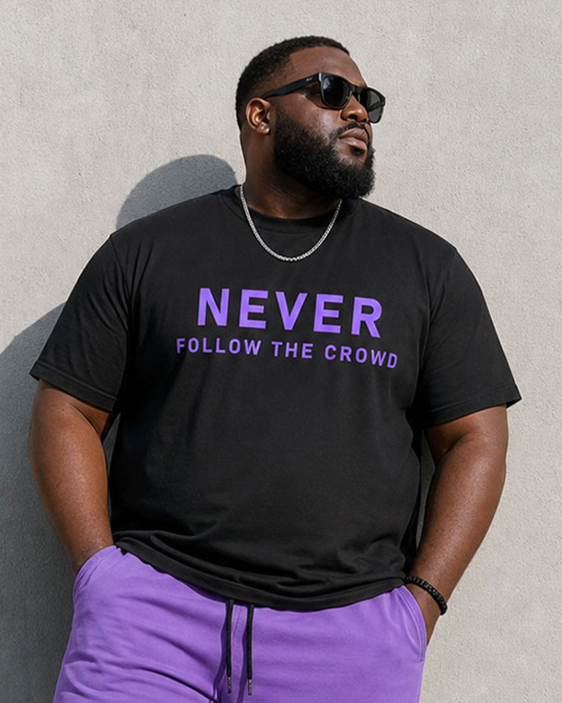Big & Tall Men's Black & Purple Simple Letter Slogan Chest Printed Short-sleeved T-shirt Shorts Set