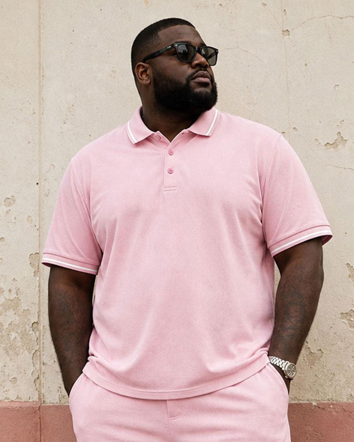 Big & Tall Men's Simple Daily Pink POLO Short-sleeved Shirt And Shorts Set