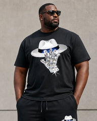 Big & Tall Men's Mysterious Guest Pattern Printed Black Short-Sleeved T-Shirt Pants Set